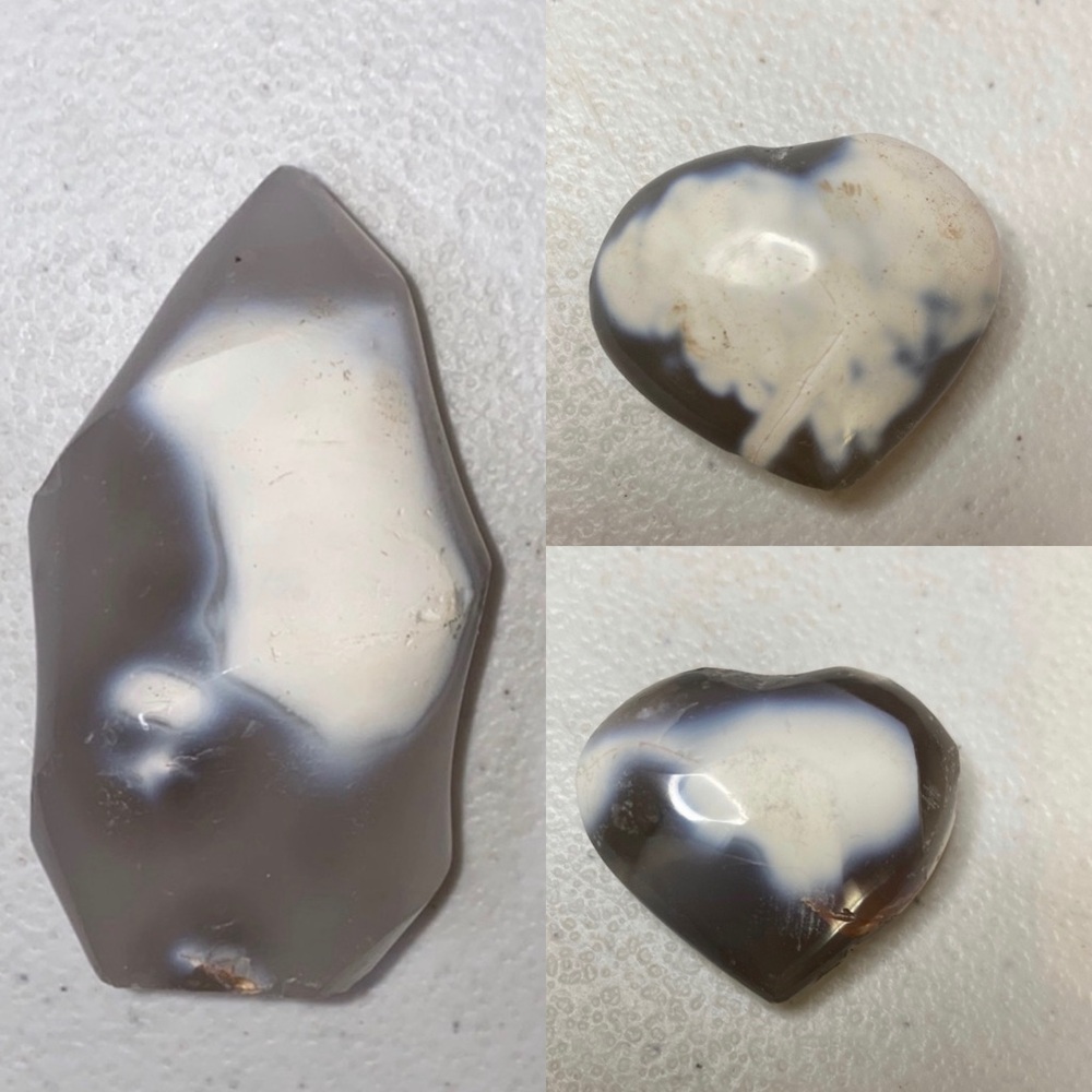 Orca Agate Flame & 2 hearts 
Gray and White Agate Stone